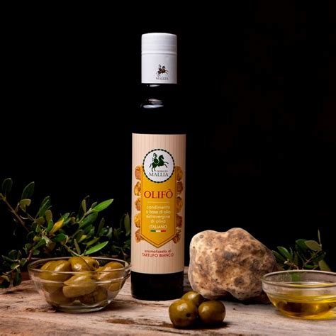 Oleificio Mallia OLIFÒ Truffel Olijfolie uit Sicilië, een extra vierge olijfolie met een subtiele, licht fruitige smaak en verfijnde aroma's van witte truffel.