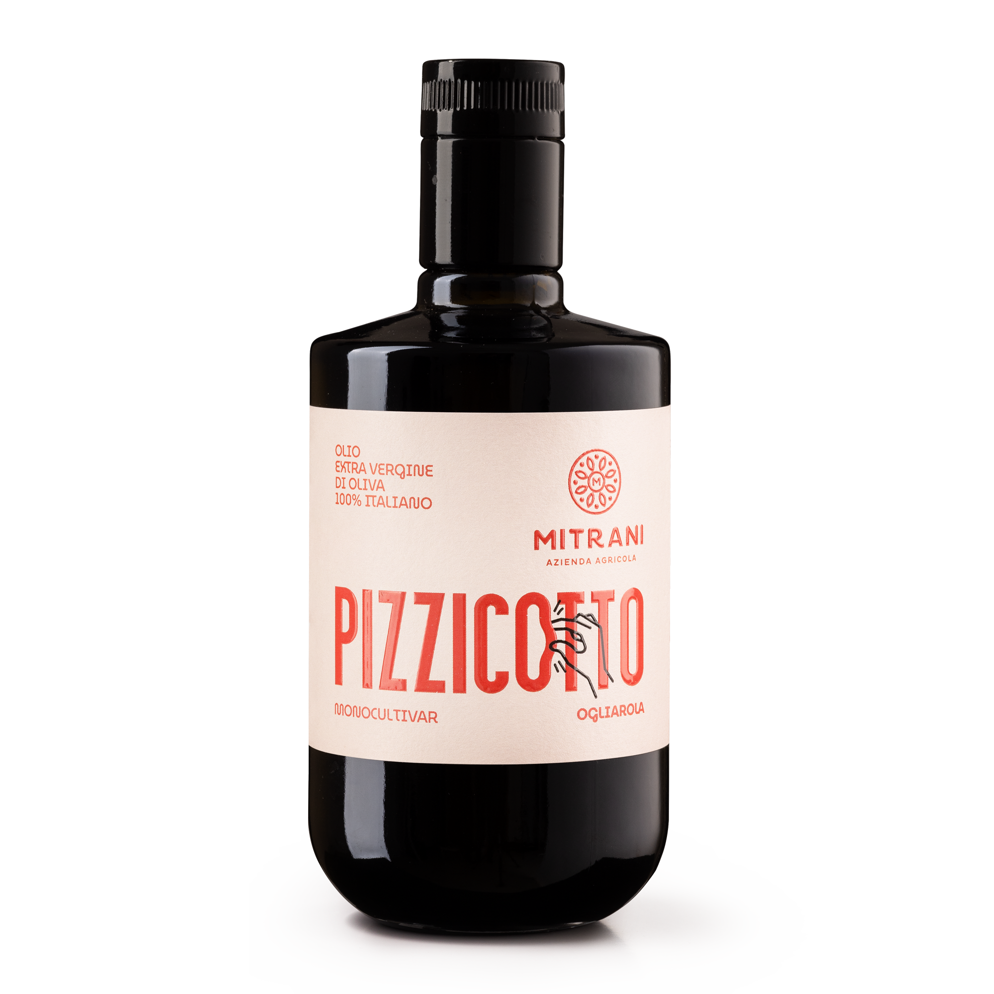 donkere bolle fles met wit etiket. Hiero staat Pizzicotto en de rest an de tekst in het roze.