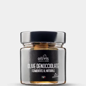 Oilivis Natuurlijk Gefermenteerde Ontpitte Leccino Olijven uit Puglia, milde Leccino-olijven die op natuurlijke wijze zijn gefermenteerd.