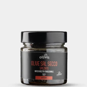 Oilivis Leccino Olijven met Kruiden uit Puglia, gedroogde hele Leccino-olijven met zeezout, knoflook, laurier, venkelzaad en chili.