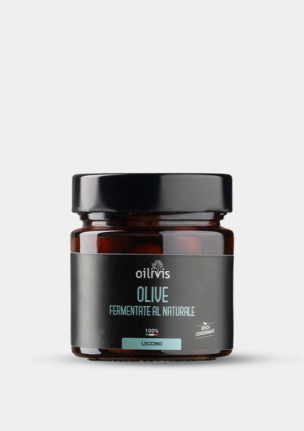 Oilivis Natuurlijk Gefermenteerde Leccino Olijven uit Puglia, hele Leccino-olijven die traditioneel zijn gefermenteerd in water en zout.