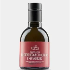 Oilivis Extra Vergine Olijfolie met Chili uit de Gargano in Puglia, een aromatische en aangenaam pittige olijfolie voor soepen, pasta en bruschetta.