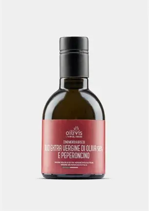 Oilivis Extra Vergine Olijfolie met Chili uit de Gargano in Puglia, een aromatische en aangenaam pittige olijfolie voor soepen, pasta en bruschetta.